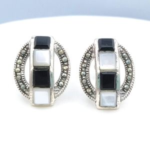Vintage Sterling Silver ART DECO Onyx + Mother of Pearl + Marcasite Earrings